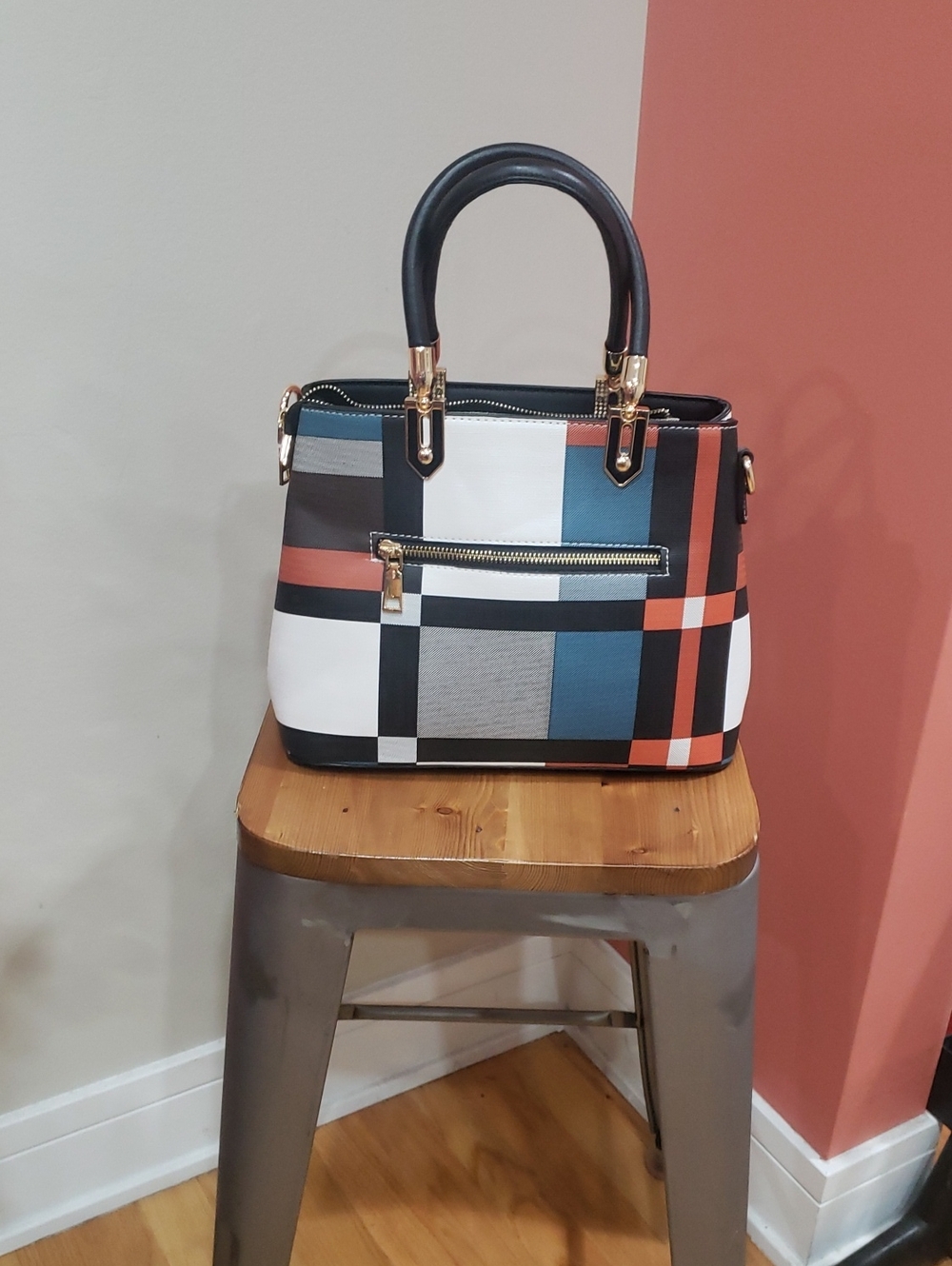 TIBES Stylish Multicolor Plaid Satchel Handbag - Black, White, Blue & Orange